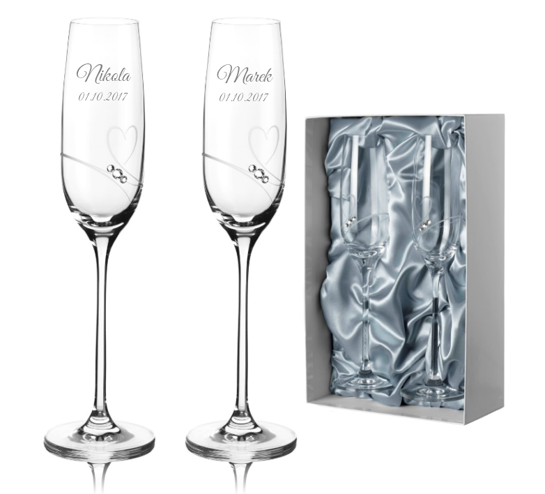 Svatební sklenice na šampaňské Romance simple s kamínky Swarovski v prémiovém saténovém balení 200 ml 2KS