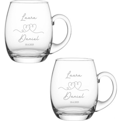 Set de pahare de bere suflate manual pentru mire și mireasă INIMĂ 2 BUC