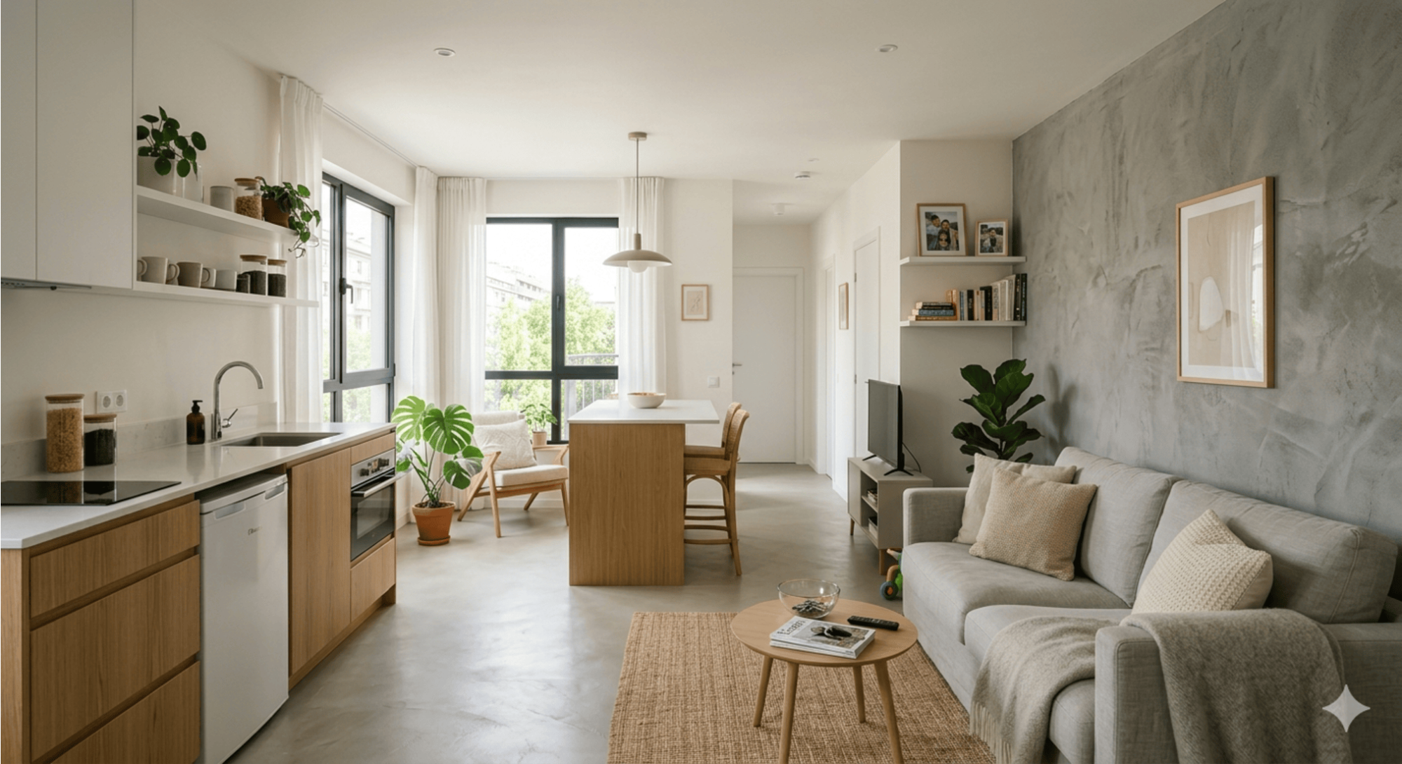 Betonová stěrka v celém bytě: podlaha, stěny, koupelna i schodiště