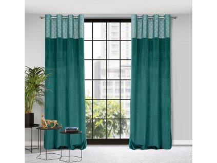 Sametový závěs AGNES s elegantním potiskem v tyrkysové barvě