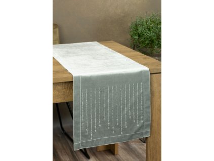 Běhoun na stůl ROYAL 3 z lesklého sametu s kamínky ve stříbrné barvě