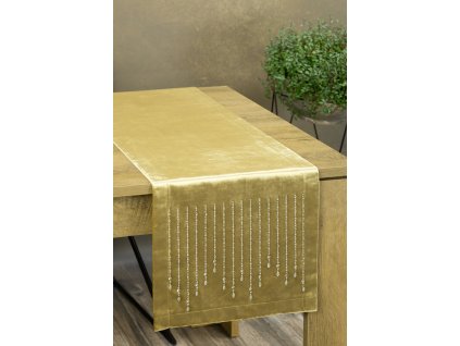 Běhoun na stůl ROYAL 3 z lesklého sametu s kamínky ve zlaté barvě