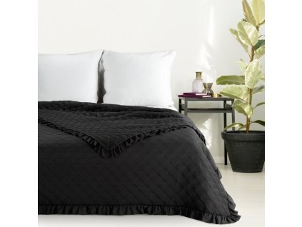 Jednobarevný přehoz na postel VANESA zdobený volánem - černý