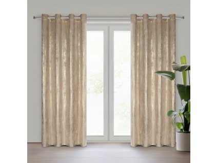 Sametový závěs na kolečkách RENIA s lesklým potiskem - béžový