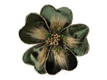 Vánoční dekorační květ 172 s kožíškem v tmavě zelené barvě - sada 12 kusů