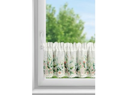 Kuchyňská záclonka ESTERA zdobená květinovým potiskem a krajkou 150 x 60 cm