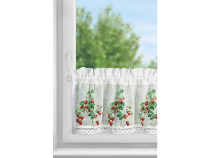 Kuchyňská záclonka KSENIA zdobená jahodovým potiskem a krajkou 150 x 30 cm