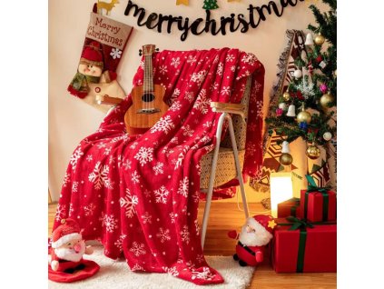 Vánoční deka se sněhovými vločkami na červeném podkladu KFJ 08