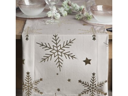 361016 vianocny zamatovy behun na stol v bezovej farbe so zlatymi vlockami 40 x 140 cm