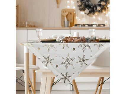 361031 vianocny zamatovy obrus na stol v bielej farbe so zlatymi vlockami 85 x 85 cm