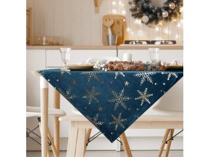 361019 vianocny zamatovy obrus na stol v granatovomodrej farbe so zlatymi vlockami 85 x 85 cm