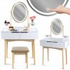 Toaletní stolek s oválným LED zrcadlem a béžovou taburetkou