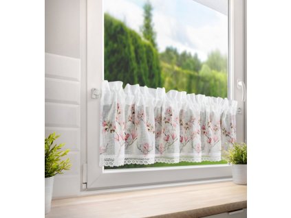 Magnóliamintával és csipkével díszített AMELIA konyhafüggöny 150x30cm