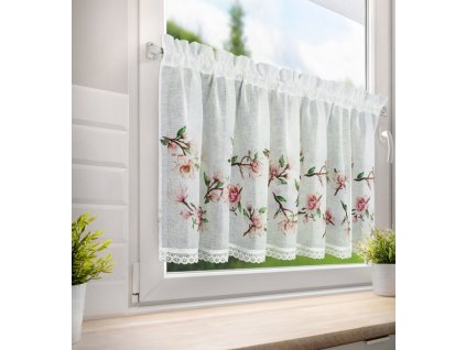 Magnóliamintával és csipkével díszített ARI konyhai függöny 150x60cm