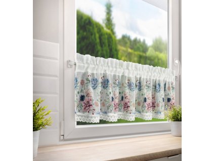 Virágmintával és csipkével díszített DORA konyhai függöny 150x30cm