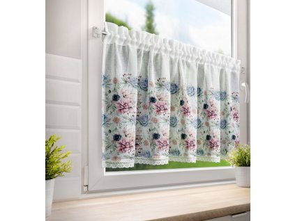Virágmintával és csipkével díszített DORA konyhai függöny 150x60cm