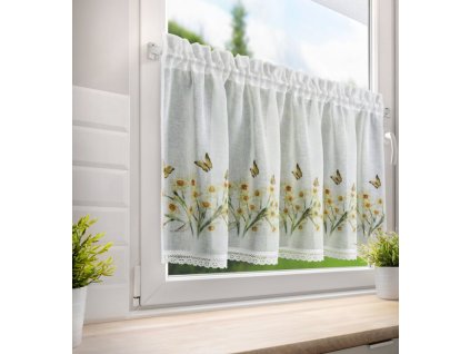 FLORA konyhafüggöny nárcisz mintával és csipkével 150x60cm
