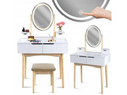 Öltözőasztal ovális LED-es tükörrel és bézs színű székkel