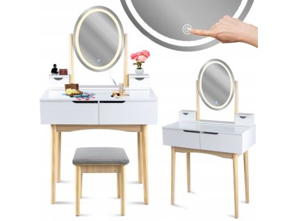 Fésülködő asztal ovális LED-es tükörrel és szürke székkel