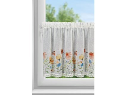 Virágmintával és csipkével díszített NATI konyhai függöny 150 x 30 cm
