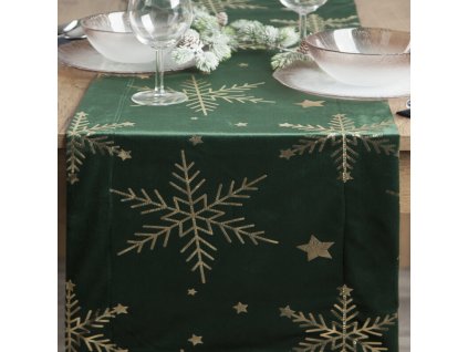 361028 vianocny zamatovy behun na stol v zelenej farbe so zlatymi vlockami 40 x 140 cm