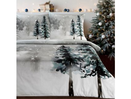 Karácsonyi ágynemű pamutszaténból, FOREST, világos szürke színben (Az ágynemű mérete szélesség x hosszúság: 140x200cm + 1 db 70x80 cm)