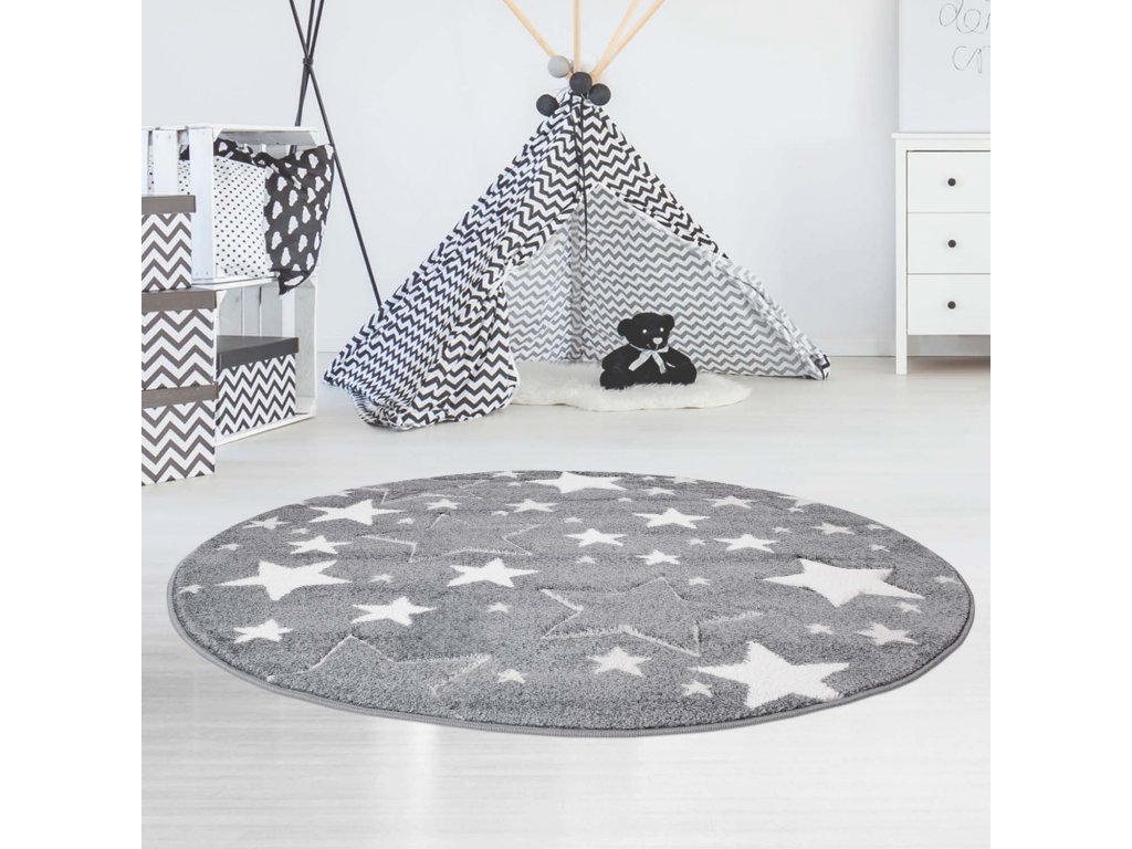 Okrúhly detský koberec BEAUTY sivé hviezdy
