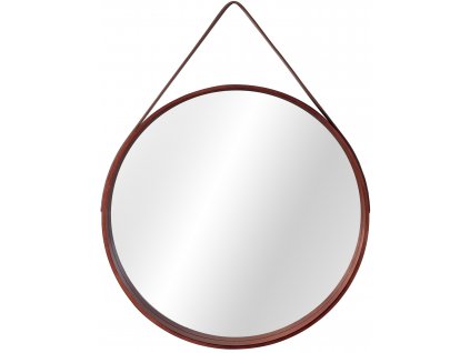 Tmavo hnedé drevené okrúhle Retro zrkadlo na koženom páse