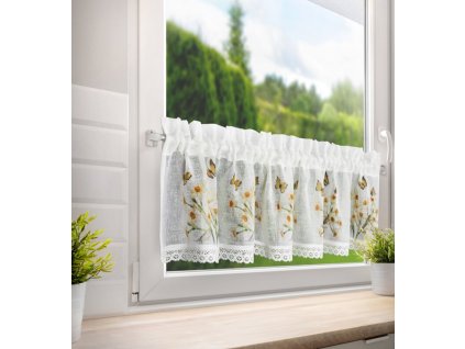 Kuchynská záclonka FLORA zdobená kvetinovou potlačou a čipkou 150 x 30 cm
