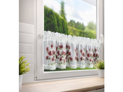 Kuchynská záclonka ISA zdobená kvetinovou potlačou a čipkou 150 x 30 cm