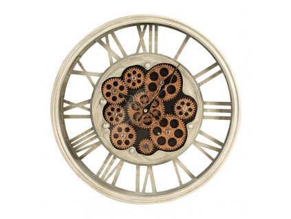 Vintage nástenné hodiny s rímskymi číslicami a pohyblivými ozubenými kolesami