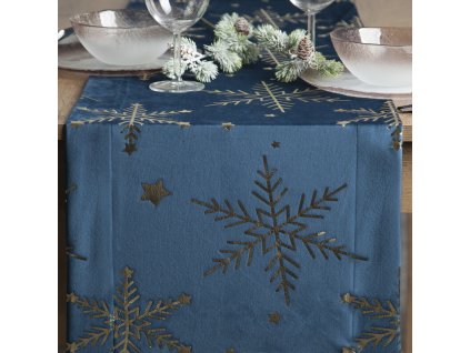 Vianočný zamatový behúň na stôl v granátovomodrej farbe so zlatými vločkami 40 x 140 cm