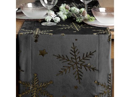 Vianočný zamatový behúň na stôl v čiernej farbe so zlatými vločkami 40 x 140 cm