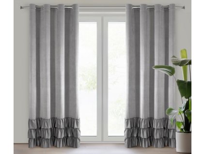 Zamatový záves MEGI s volánmi v oceľovej farbe na dekoračné kolieska