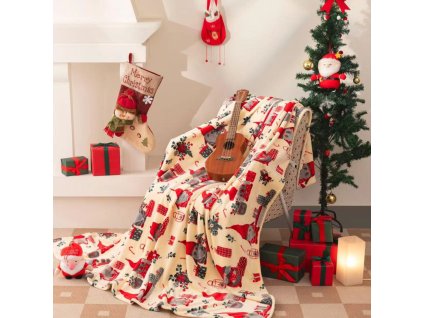 Vianočná deka s vianočným škriatkom na krémovom podklade KFJ 02