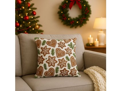 Vianočná dekoračná obliečka na vankúš s motívom medovníčkov