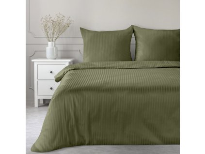 Saténové posteľné obliečky VERA s jemnými prúžkami v olivovej farbe