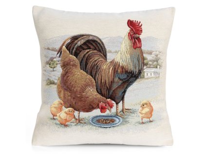 Dekoračná gobelínová obliečka na vankúš s kohútikom, sliepočkou a k uriatkami 45 x 45 cm
