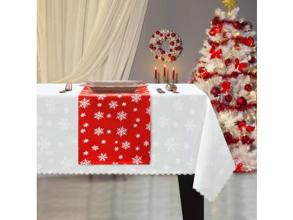 Červený Vianočný behúň na stôl s vločkami