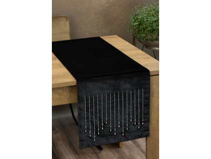 Behúň na stôl ROYAL 3 z lesklého zamatu s kamienkami v čiernej farbe