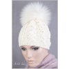 Dámská pletená čepice s kožešinovou bambulí C006 - Krémová