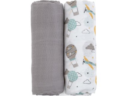 PETITEMARS PETITE&MARS Přikrývka bambusová mušelínová 2ks Misty Grey Planes 2v1, 120 x 120 cm