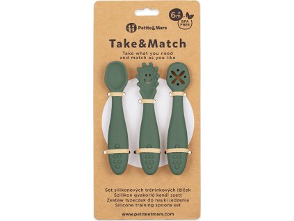 PETITEMARS PETITE&MARS Set 3 ks silikonových tréninkových lžiček Take&Match Misty Green 6m+