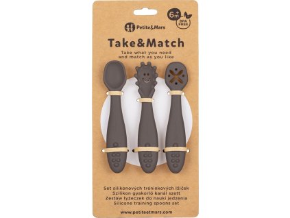 PETITEMARS PETITE&MARS Set 3 ks silikonových tréninkových lžiček Take&Match Bitter Cocoa 6m+