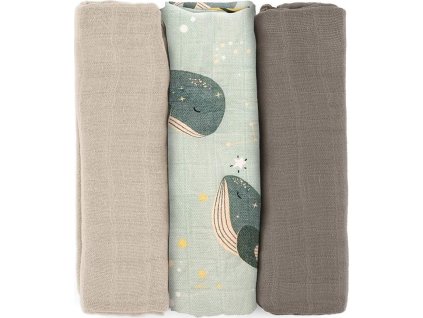 PETITEMARS PETITE&MARS Sada plen bambusová mušelínová 3ks Moussy Whale Song 68 x 68 cm