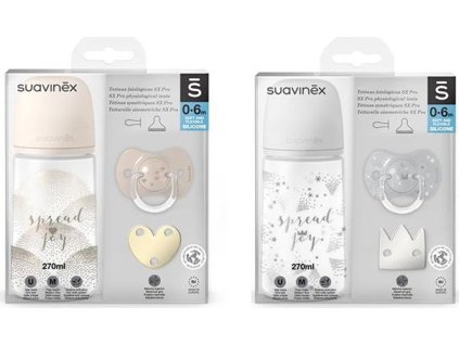 SUAVINEX | SADA LÁHEV 270ml + dudlík fyziologický 0/6m + klip JOY - stříbrná (Varianta SUAVINEX | SADA LÁHEV 270ml + dudlík fyziologický 0/6m + klip JOY - stříbrná)
