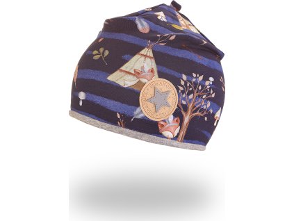 Little Angel Čepice podšitá Outlast® - tm.modrá zvířátka teepee/šedý melír (Velikost 3 | 42-44 cm)