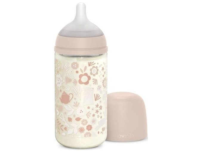 SUAVINEX | Láhev sklo WONDERLAND 240 ml fyziologická SX PRO +3 MF - LIBERTY RŮŽOVÁ