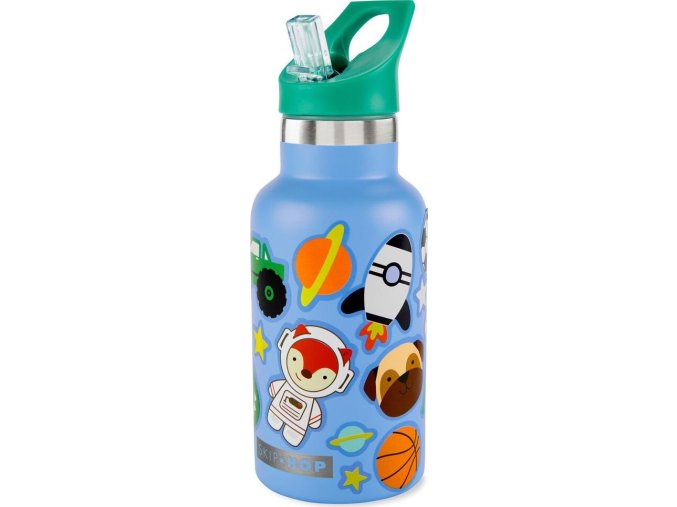 SKIPHOP SKIP HOP Láhev s nálepkami se slámkovým náústkem nerezová modrá 380 ml, 4r+