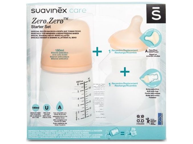 Suavinex ANTIKOLIKOVÁ LÁHVIČKA ZERO ZERO 180 ml A - SADA